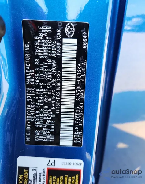 2017 Toyota Camry Le from USA, damaged, VIN 4T1BF1FK2HU663835